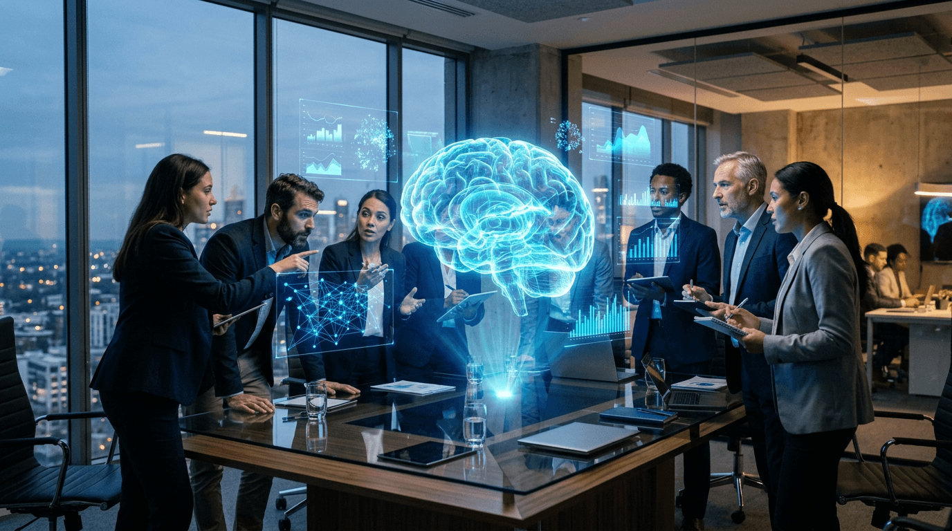 Enterprise technology leaders collaborating with AI-powered holographic data dashboards in a modern office at night.